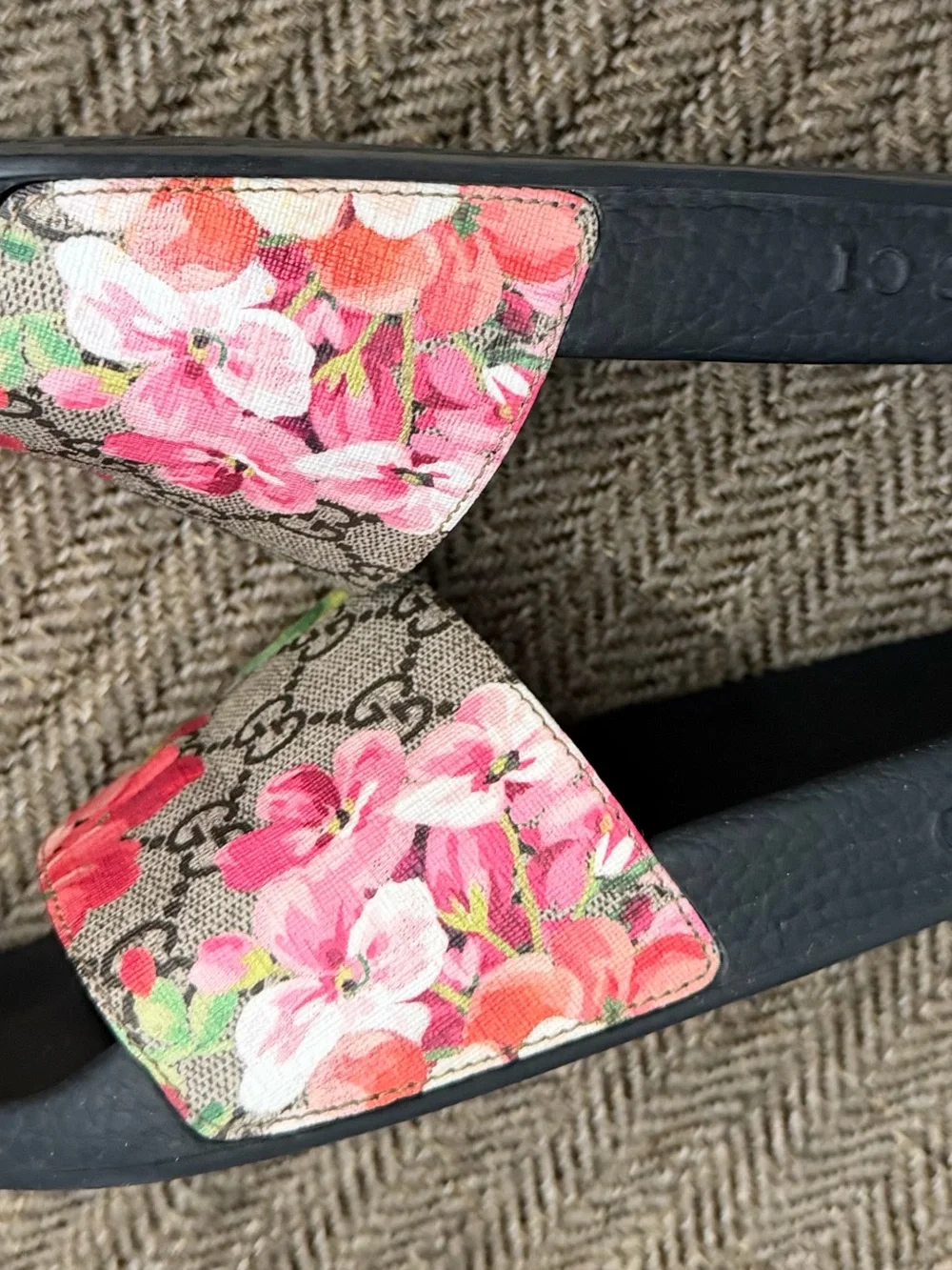 Gucci Floral Logo Slide Sandals - Pink/Green on Beige - Picture 2 of 6